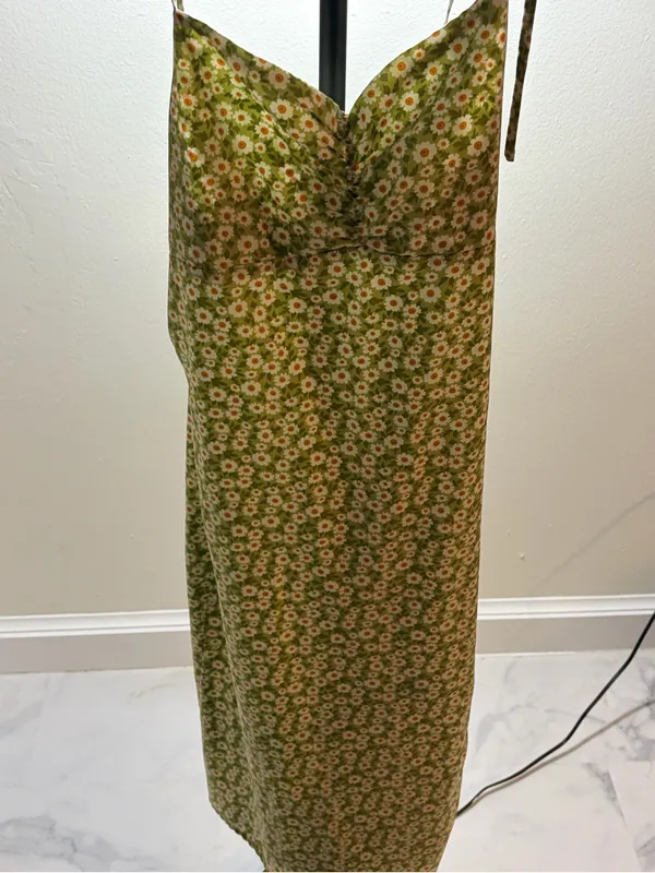 SHEIN Olive Green Floral Tie-Strap Midi Dress - Image 2