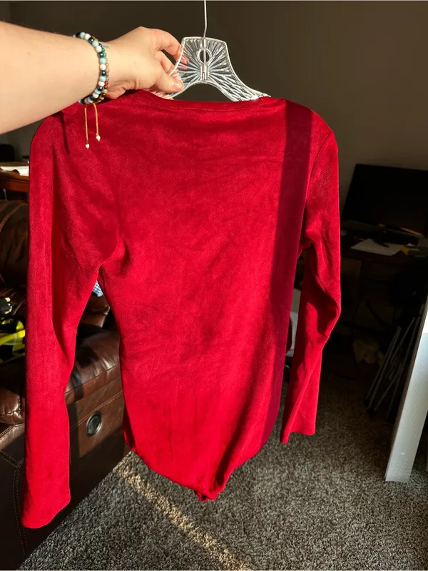 Modcloth Red Wrap-Front Long-Sleeve Bodysuit Top Velvet Velour - Image 3