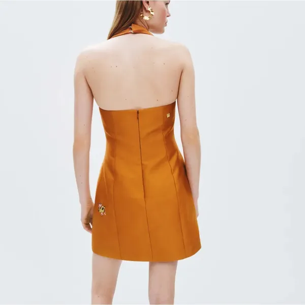 Romy Copper Halter Mini Cocktail Dress MEDIUM Satin Party Backless Designer $310 - Image 2