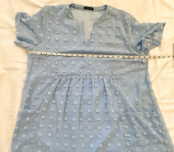Miholl Dress XXL Women’s Light Blue Pom Pom Swiss Dot Flowy Pockets Empire Waist - Image 4