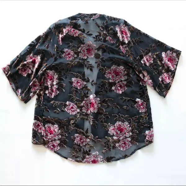 American Eagle Outfitters Size XS 3/4 Sleeve Velour‎ Pink Floral Mesh Open Top - Image 2