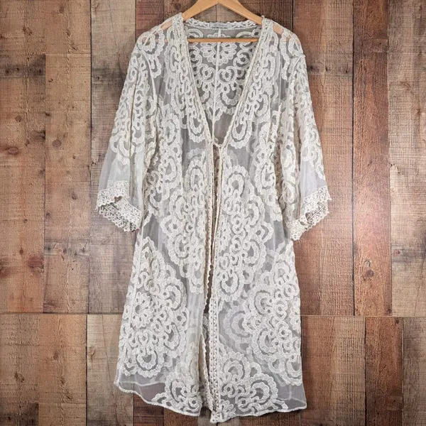 Veveret Ivory Floral Lace Kimono Duster Sheer Boho Bridal Swim Cover Up M/L - Image 2