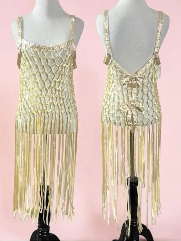 Urban Outfitters Coquette Dainty See Through Satin Ribbon Bow Fringe Midi Top in Blush Small - Image 2