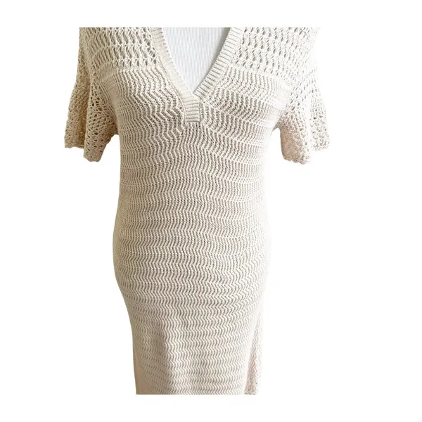 Loft Beach Maxi Dress LP Tan Crochet Open Knit Short Sleeve Cover Up Outdoor - Image 3