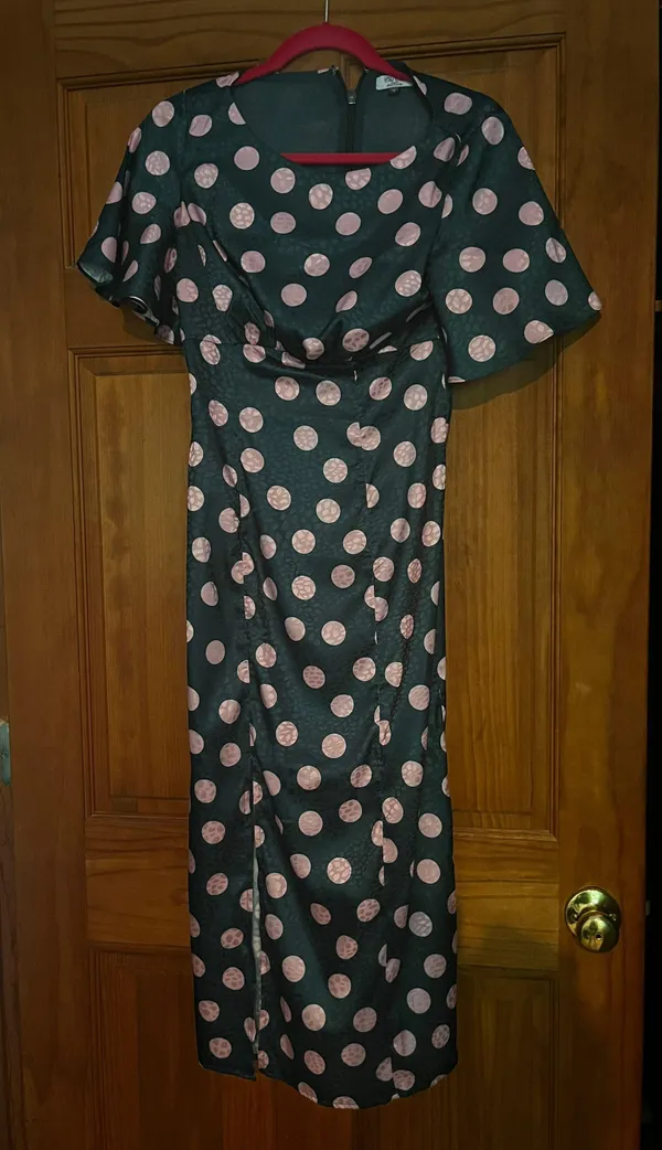 Dark Green Dress With Pink Polka Dots - Image 3