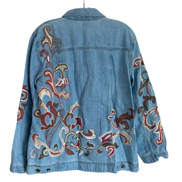 Erik‎ Stewart Vintage Denim Jacket Womens L Floral Embroidered Boho Size 2 - Image 2