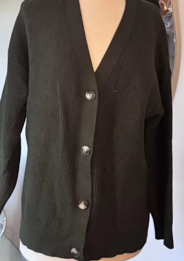 MEROKEETY Olive Green Ribbed V-Neck Cardigan Sweater - Image 3