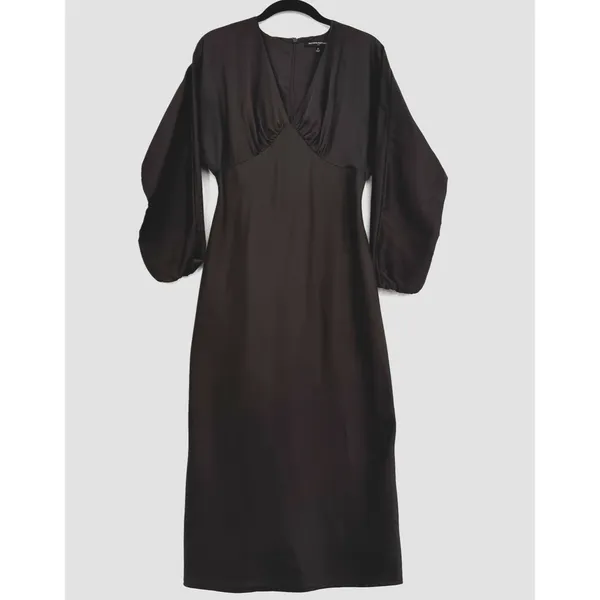 Banana Republic Satin Brown Bloussant-Sleeve Midi Dress V Neck Career Office 4 - Image 2
