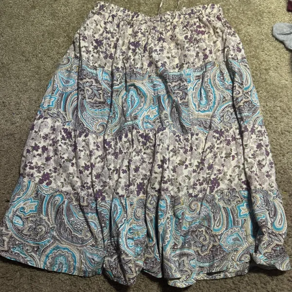 Kaaku Womens Cotton Tiered Midi Skirt Purple Teal‎ Floral Paisley Boho Peasant - Image 4