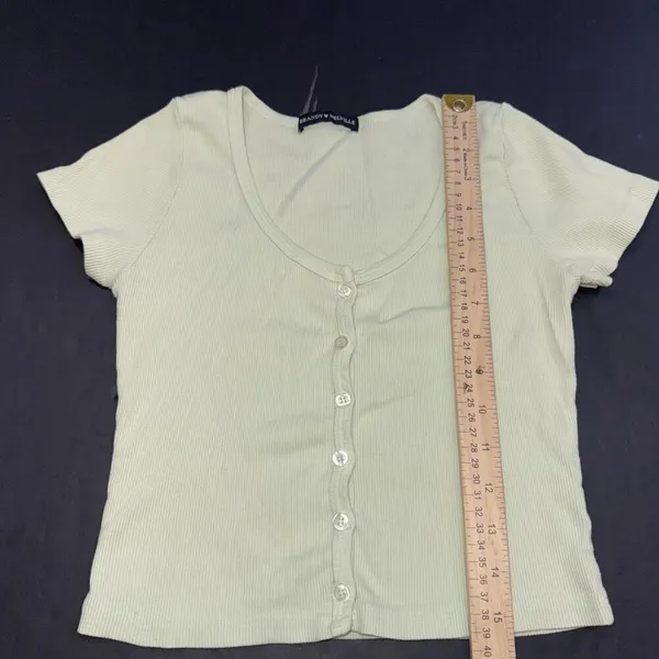 Brandi Melville Green Minimalist Full Button Cotton Crop Short Sleeve‎ Top 0 - Image 5
