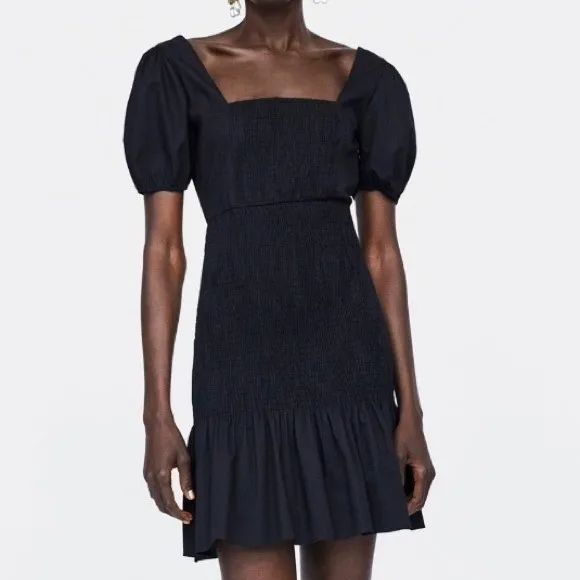 ZARA Black Smocked Puff Sleeve Square Neck Mini Dress‎ Size S - Image 2