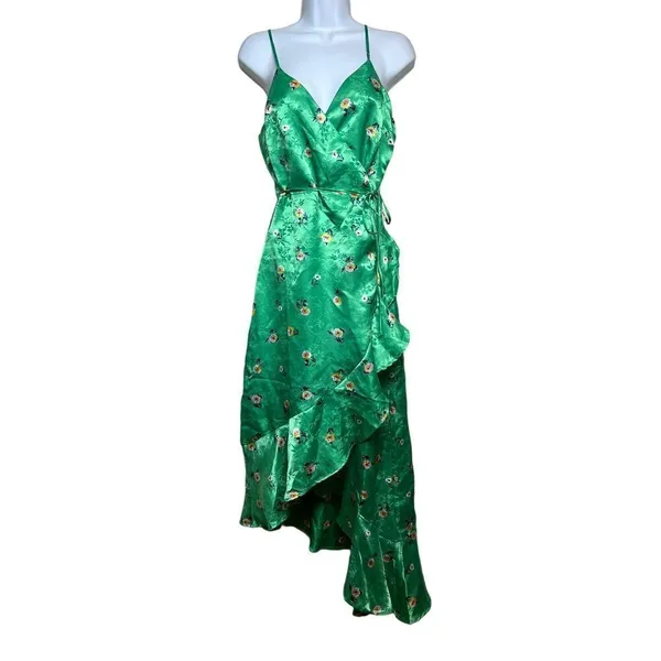Lulu’s Chic Style Green Floral Jacquard Satin High-Low Midi Wrap Dress Sz. S - Image 4