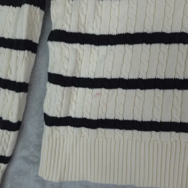 American Living Sweater Womens Large Ivory Blue Striped Cable Knit Turtleneck - Image 4