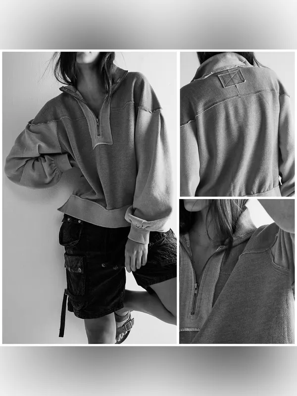 Free People We the Free Kassey Half Zip - Heather grey combo - Small - Image 2