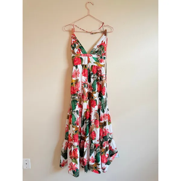 Gianni Bini Maxi Dress Size 6 White Floral Tropical Tiered Cotton Boho Vacation‎ - Image 2