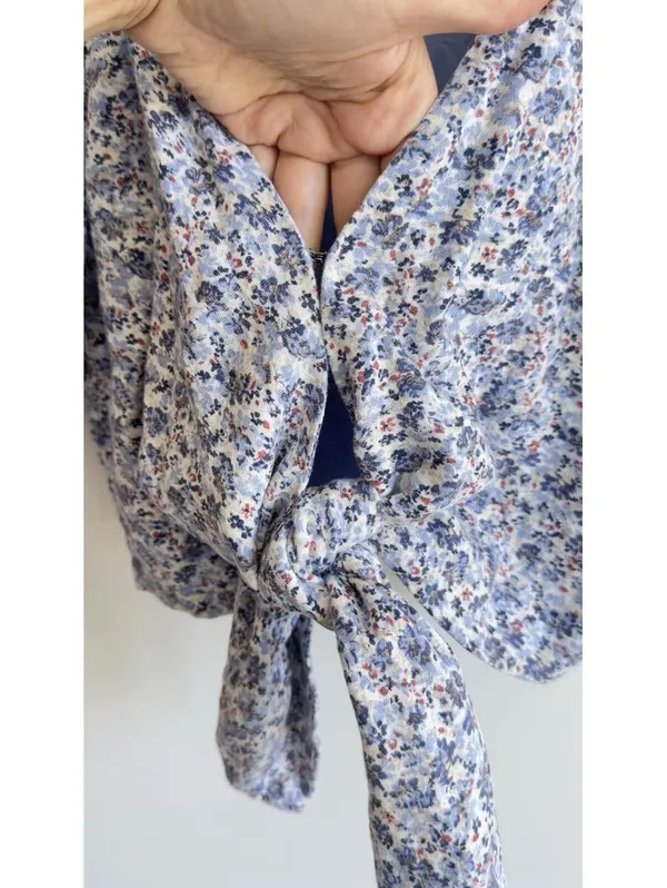 Abercrombie & Fitch Linen Blend Floral Tie Front Crop Top Puff Sleeve XS - Image 6