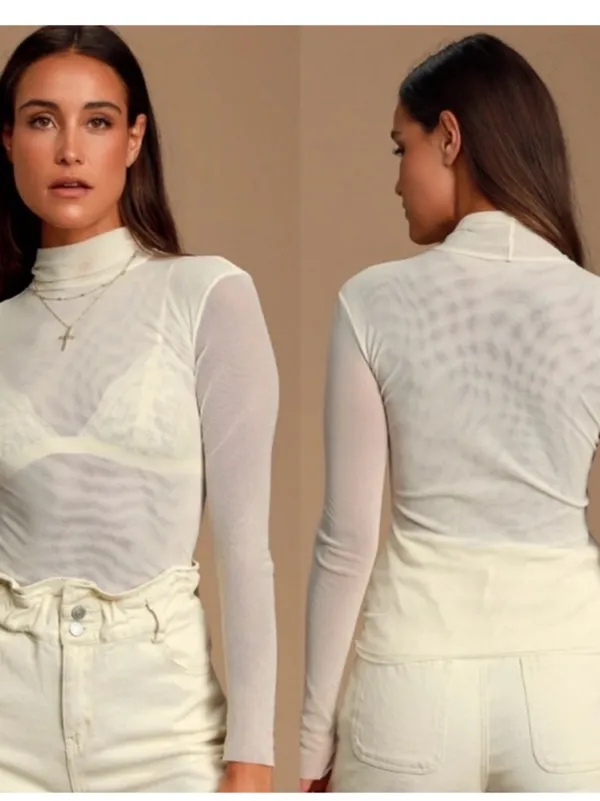 Free People Double Layer Mesh Turtleneck Top in Ivory and size medium - Image 4