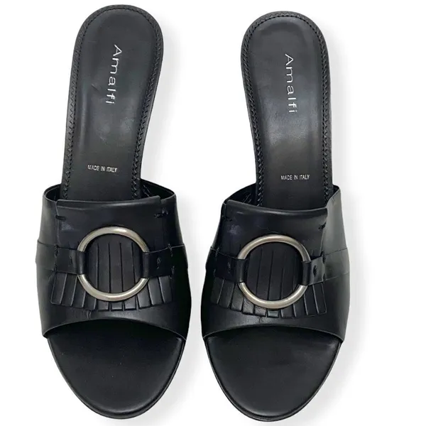 Amalfi Black Italian Leather Fringe kitten-heel mules - Image 4
