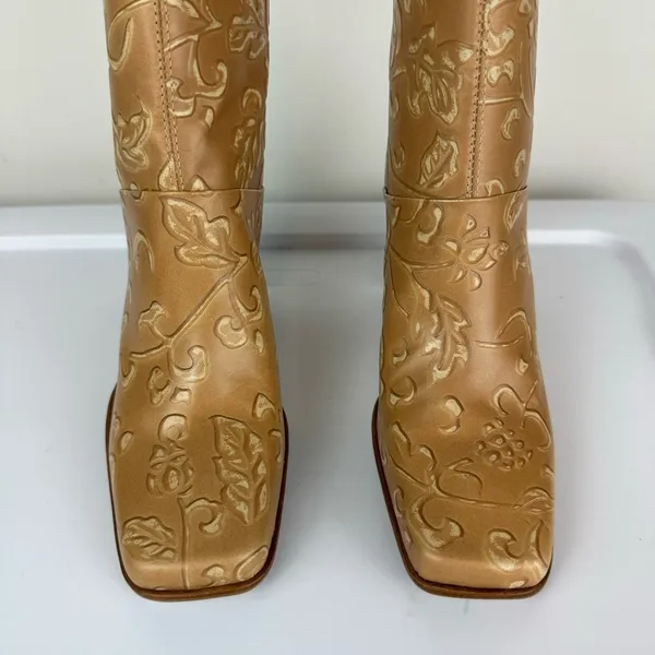 NEW Y2K Amanda Smith Leather Square Toe Heeled Boots Sz 6.5 Tan Floral - Image 9