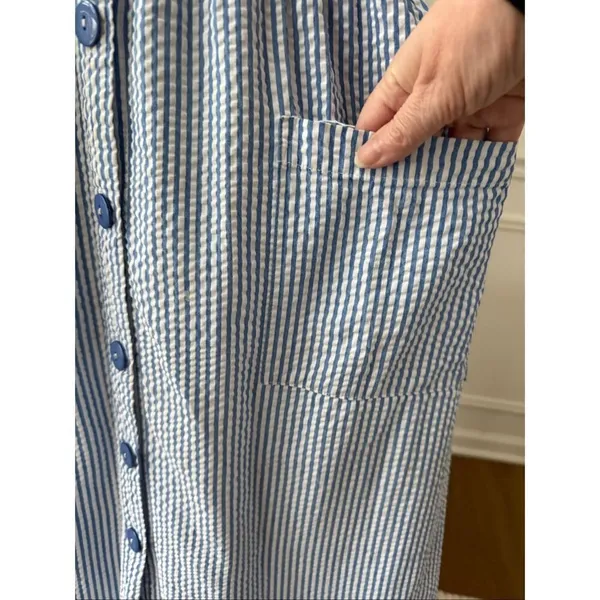 The Vermont Country Store Blue Stripe Seersucker Short Sleeve Buttonfront Dress - Image 4