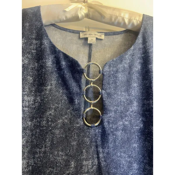 Chelsea Taylor 2X Blue Faux Denim Dress Lace Trim Ring Neck Stretch Midi Plus - Image 3