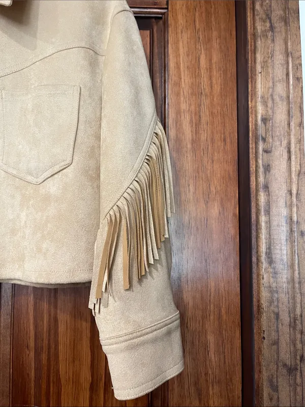 Forever 21 Tan Suede-Inspired Cropped Fringe Bomber Jacket - Image 2