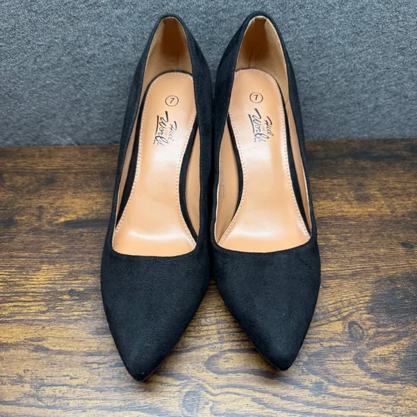 Heel the World Black Faux Suede Pointed Toe Block Heel Pumps Size 7 T21P004458 - Image 2