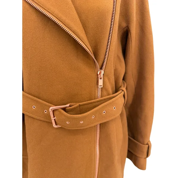 J.Crew‎ Melton Wool Belted Moto Trench Coat Italian Wool Camel Brown Size 12 - Image 4
