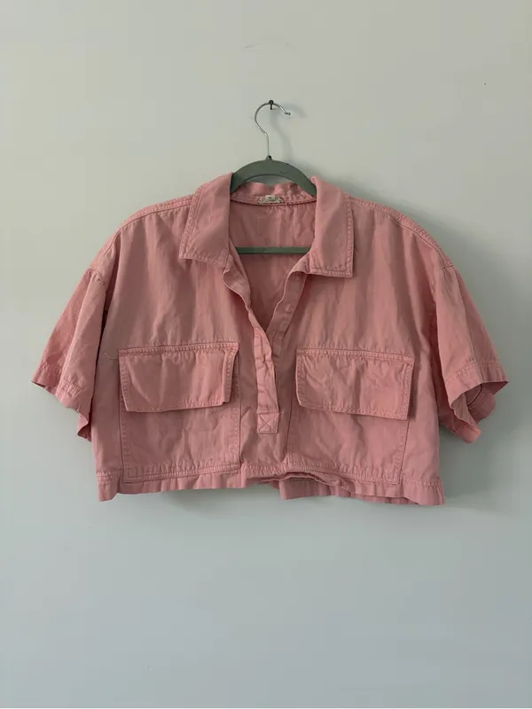 Anthropologie Pilcro Pink Short Sleeve Cropped Boxy Outdoorsy Blouse M - Image 2