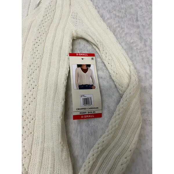 Aeropostale Womens Cropped Cardigan Pointelle. Rib Knit V-Neck Tofu White XS NEW - Image 2