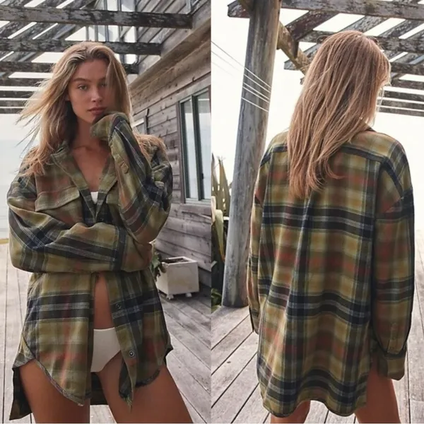 Free People Grunge 90s Flannel Plaid Izzie Cargo Shirt Jacket Shacket Medium - Image 5