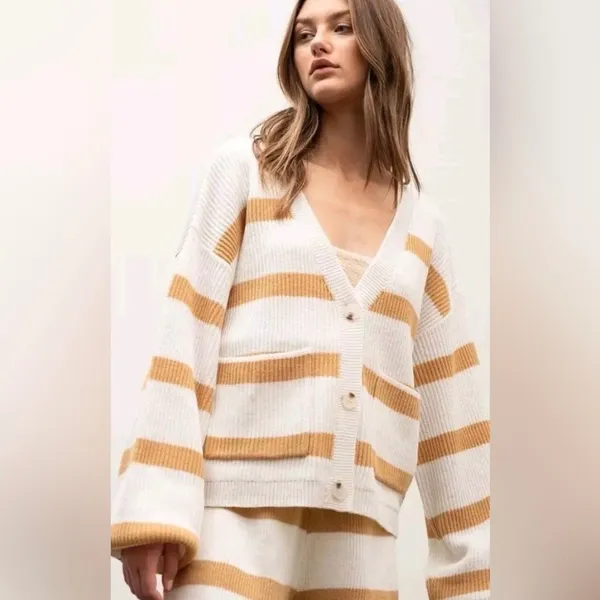 Anthropologie Moon River Cream Brown‎ Stripe Cardigan Sweater Women's Size L - Image 2