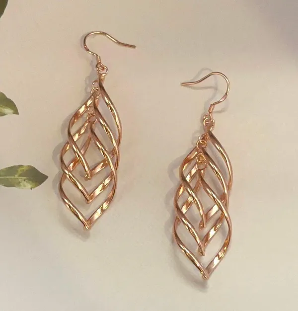 14K Rose Gold Plated Twist Leaf Dangle Earrings for Women - Image 3