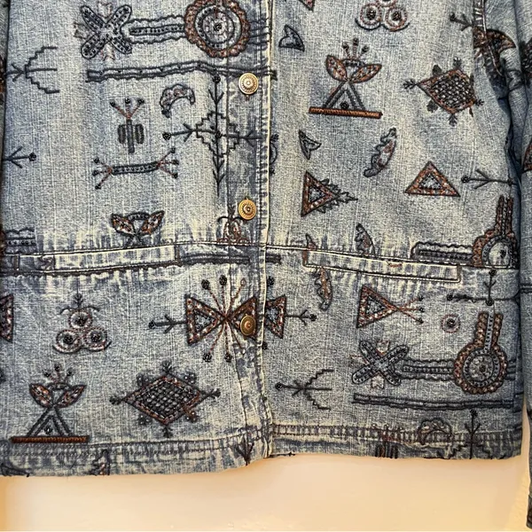 Vintage Chico’s Design‎ 90s Boho Embroidered & Beaded Blue Denim Jacket Size M - Image 3