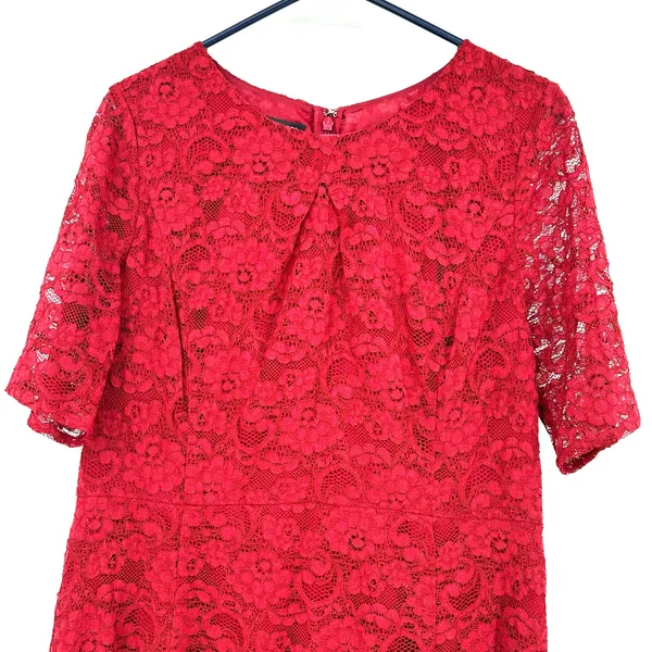 Talbots Size 10 Dress Red Floral Lace‎ Overlay Sheath Short Sleeve Midi Formal - Image 3
