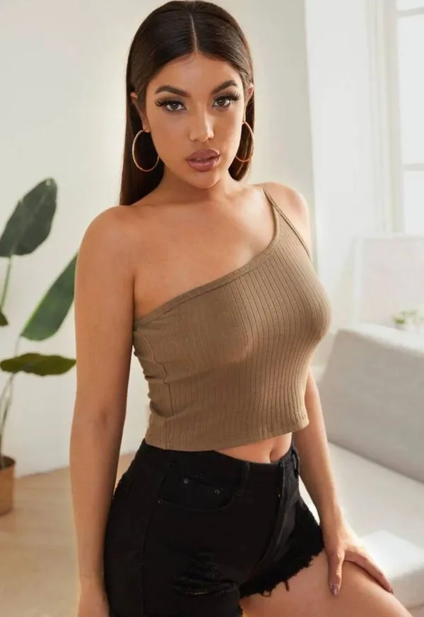 NEW Awesome One Shoulder Rib Knit Crop Top Sz L - Image 3
