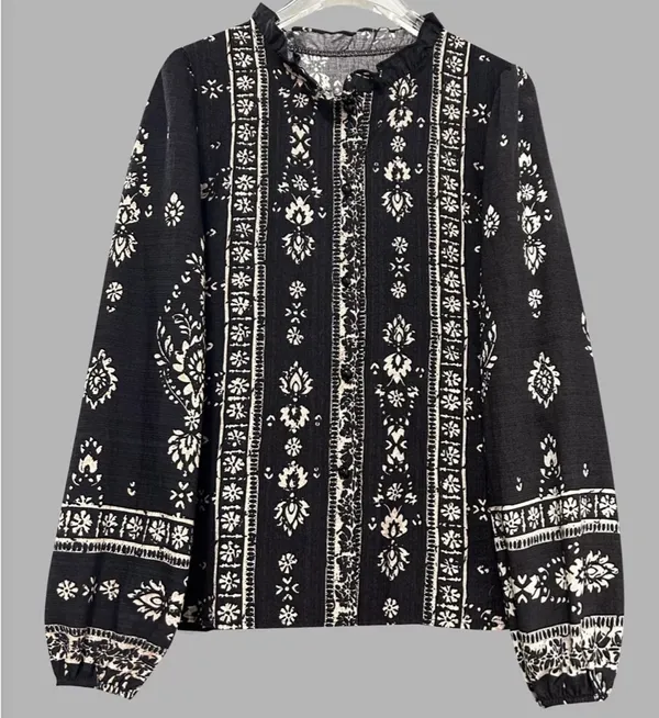 Atzbranding Boho Floral Long Sleeve Blouse Black - Image 2