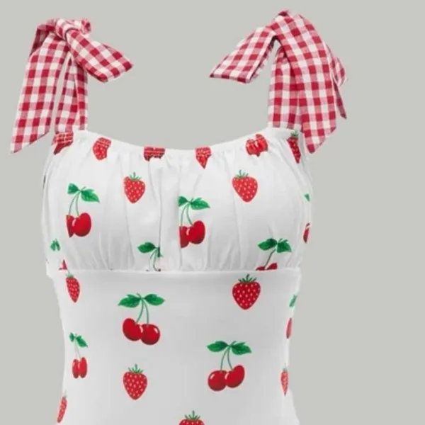 💜Retro Strawberries & Cherries Gingham Strap Dress - Image 5