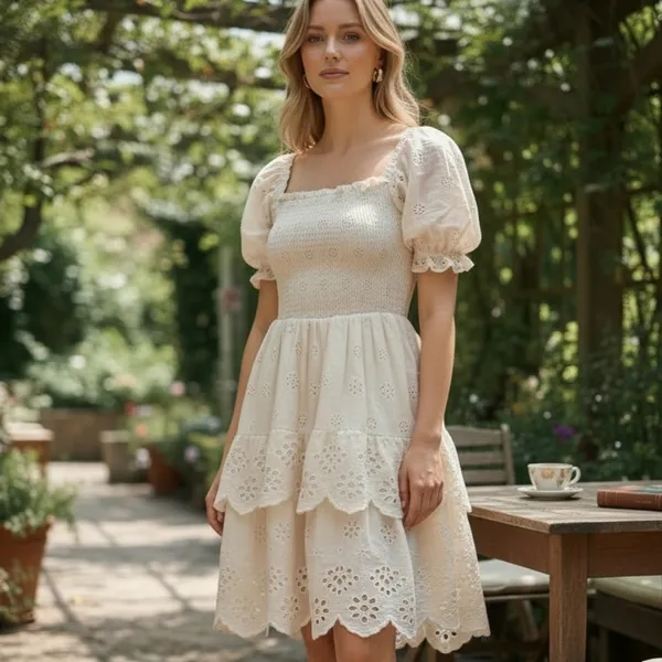 Bershka Size S Cream Tiered Ruffle Dress Eyelet Smocked Puff Sleeve - Image 2