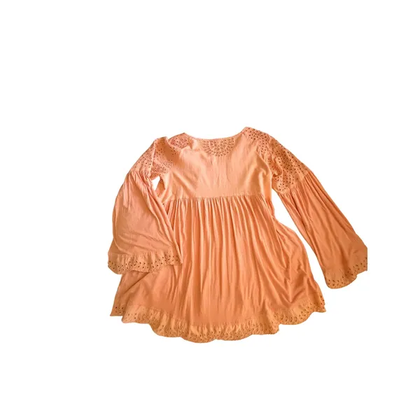 Free People Peach Embroidered Boho Tunic Top Small Sequin Eyelet Bell Sleeve - Image 2