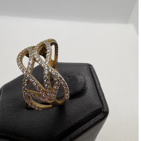Vintage 925 Sterling Silver Gold Plated CZ Lattice Wave Statement Ring Size 9.25 - Image 3