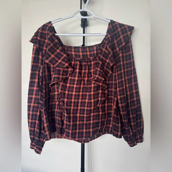 Madewell Plaid‎ Ruffled Sqaureneck Gingham Red and Black Top Size L Cotton - Image 3