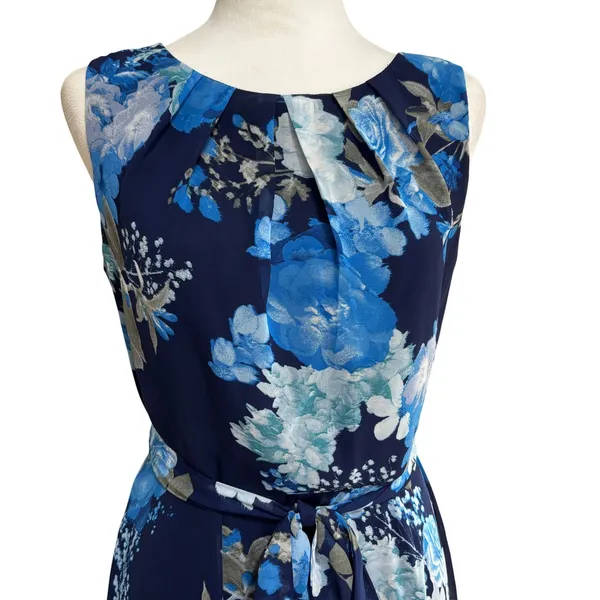 K Studio Collection Maxi Dress Blue Floral Sleeveless Chiffon Belted Wedding 6 - Image 4