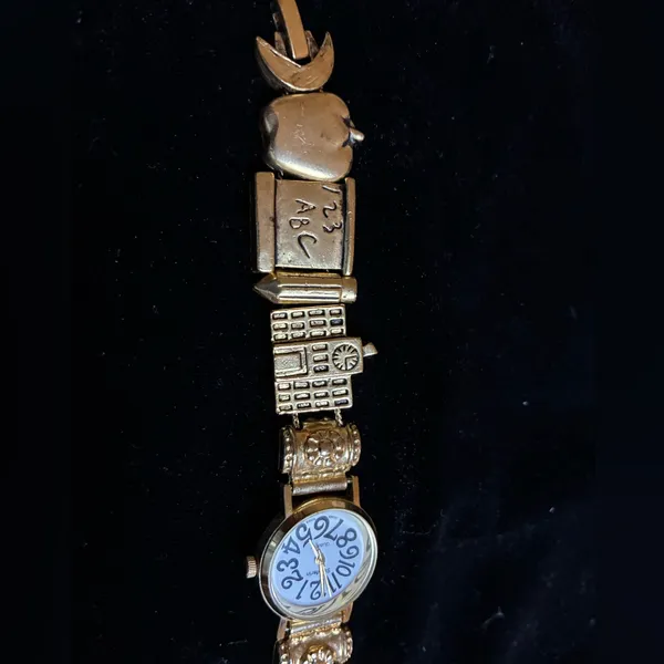 Gold Tone Teacher School Apple Pencil ABC 123 Slide Charm Bracelet Watch - Image 3