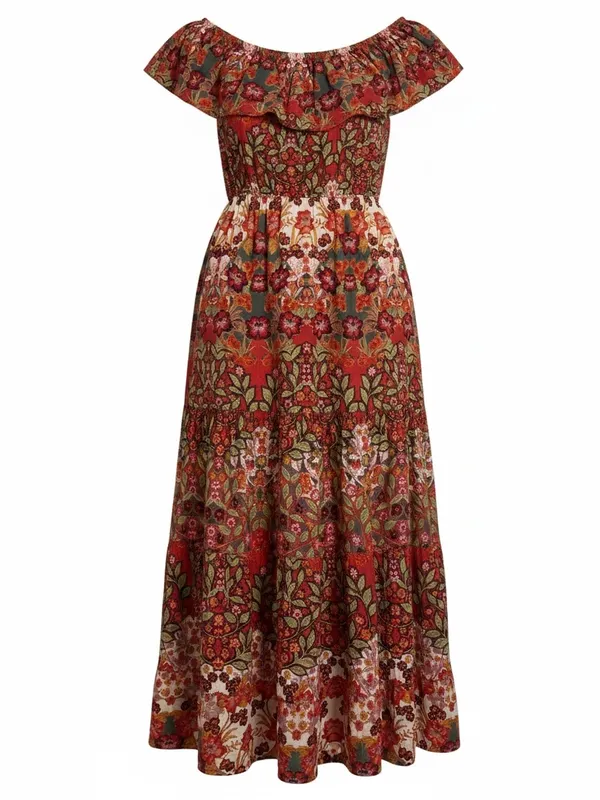 Light & Sound Boho Floral Off Shoulder Maxi Dress Cottagecore Prairie S Western - Image 3