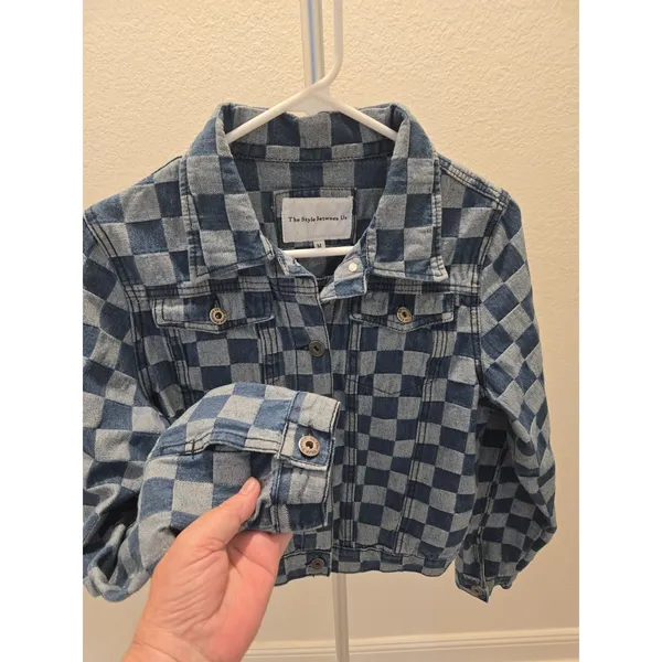 Forever 21 Checkered Board Print Cropped Trucker Denim Blue Y2K Jacket Medium - Image 3