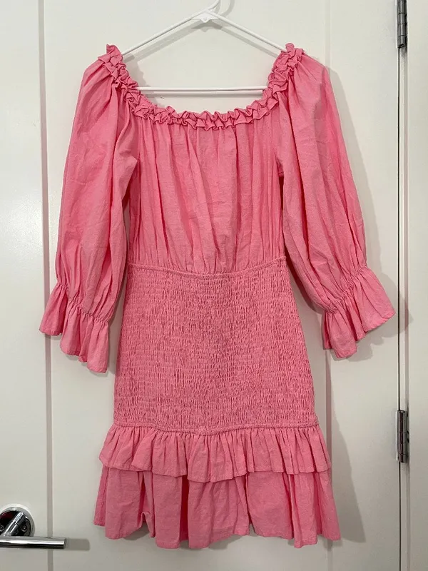 Petal & Pup Size Medium Pink Smocked Off-Shoulder Ruffle Mini Dress - Image 2
