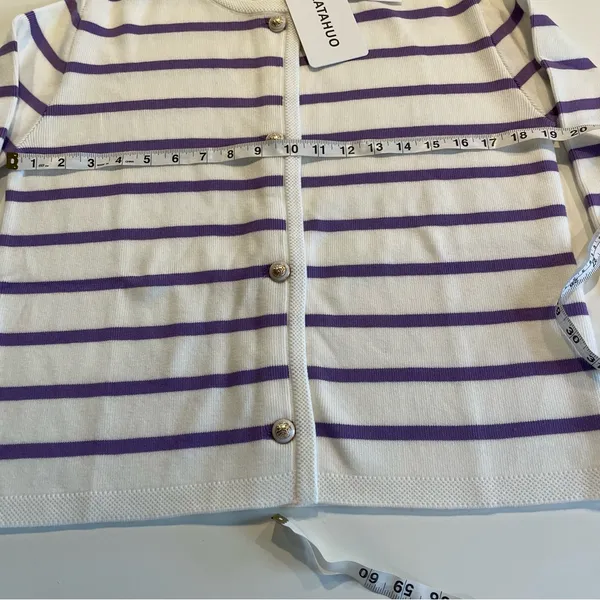 LATAHUO Women Gold Button Down Cardigan Lavender White Crew Neck size Medium - Image 6