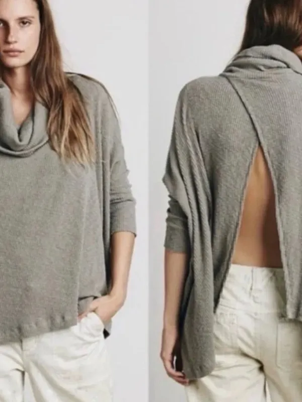 FP Beach Free People Tan/Brown “World Traveler” Cowl Neck Open Back Pullover - Image 2