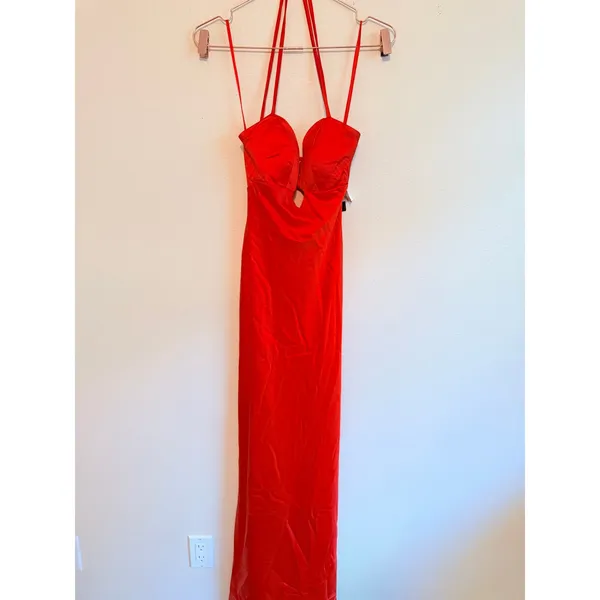 Seni & Cade Maxi Dress Women Small Tomato Red Satin Lace Up Back Gown 24S7EX3ATP - Image 8